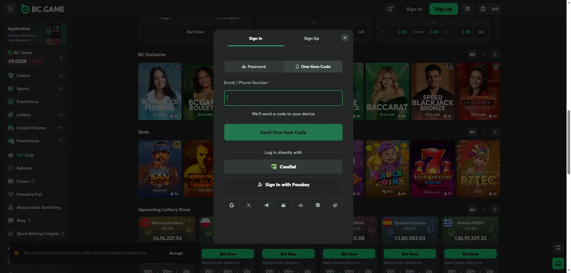 BC Game Casino secure login page for registered players